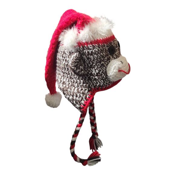 Sock Monkey Beanie Hat Braids Ear Flaps Santa Hat Crocket - Picture 6 of 6